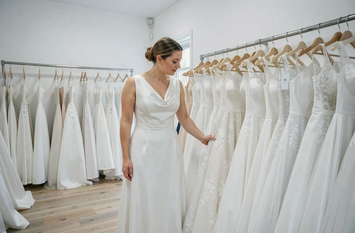 Femme cherchant une robe de mariée blanche abordable dans une boutique de mariage indépendante avec des robes sur cintre
