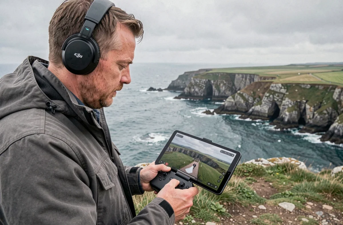 Opérateur de drone professionnel sur une falaise bretonne pour une production audiovisuelle de mariage, Airmove Production dans le Morbihan