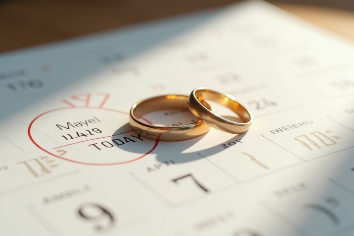 Alliances dorées sur calendrier avec date encerclée