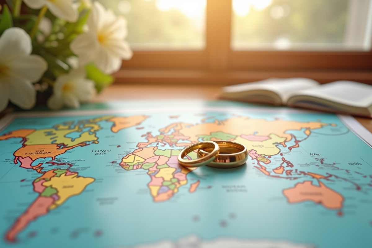 Alliances en or sur une carte du monde avec itinéraire de voyage