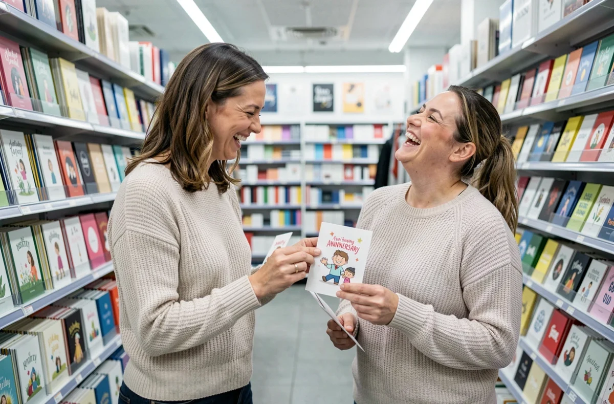 Deux amies riant ensemble en choisissant une carte d'anniversaire de mariage humoristique dans une papeterie