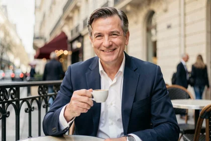 Animateur télévision élégant attablé en terrasse parisienne, souriant discrètement, illustrant la vie privée préservée d'une personnalité médiatique