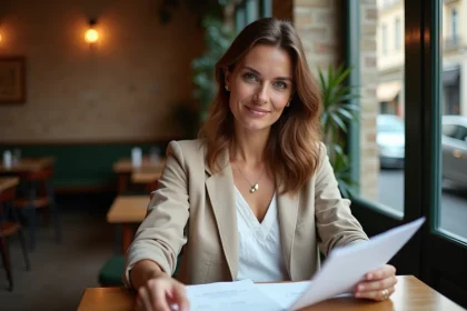 Animatrice télévision dans un café parisien consultant ses notes, portrait éditorial féminin naturel