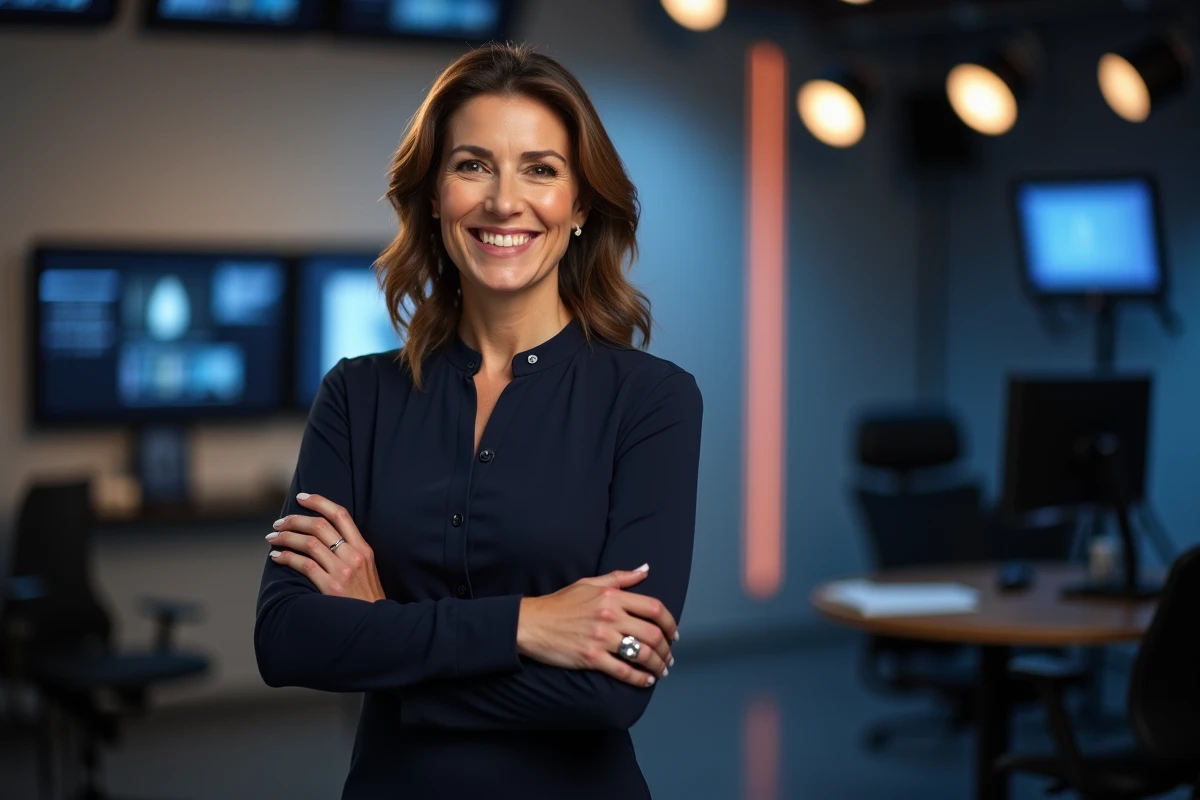 Animatrice de télévision en coulisses d'un plateau, portrait professionnel éditorial dans un studio