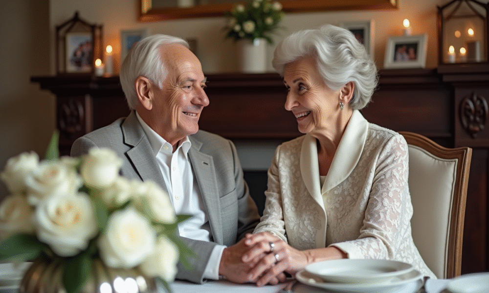 Couple âgé en tenue élégante célébrant 60 ans de mariage