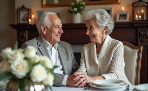 Couple âgé en tenue élégante célébrant 60 ans de mariage