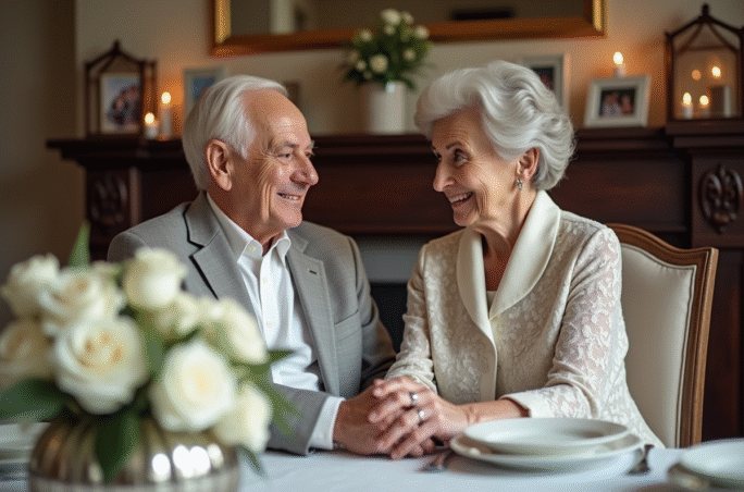 Couple âgé en tenue élégante célébrant 60 ans de mariage