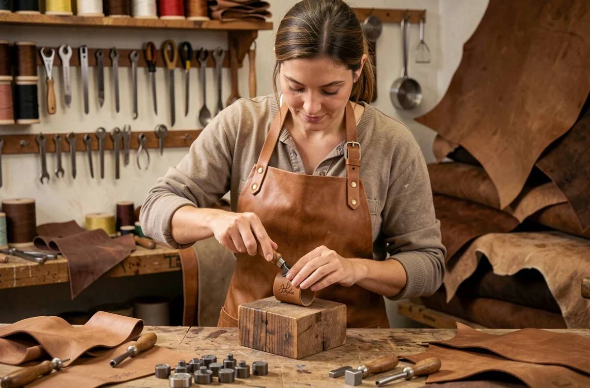 Artisane en atelier personnalisant un bracelet en cuir gravé pour un cadeau de noces de cuir fait main