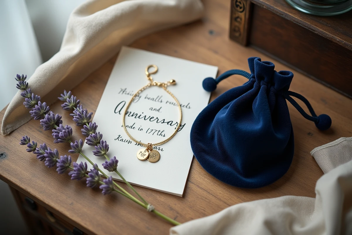 Composition flat-lay de bijoux et cadeaux pour anniversaire de mariage 17 ans, bracelet en or et carte manuscrite sur bois ancien