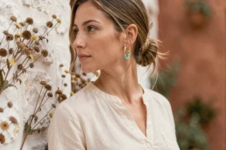 Femme portant une boucle d'oreille marie bohème en or martelé avec perles turquoise, style chic décontracté