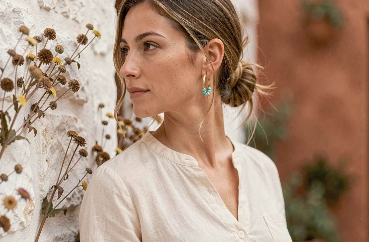 Femme portant une boucle d'oreille marie bohème en or martelé avec perles turquoise, style chic décontracté