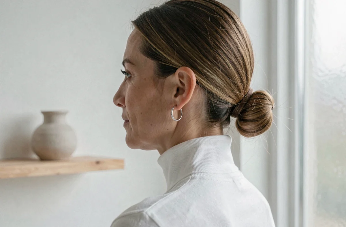 Femme avec boucle d'oreille marie minimaliste en argent, style épuré et contemporain sur fond blanc