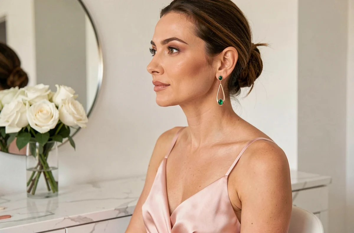 Boucle d'oreille en or rose avec pierre verte pour affiner un visage carré lors d'un mariage moderne