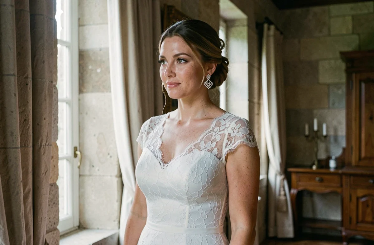 Boucles d'oreilles chandelier en argent pour affiner un visage rond lors d'un mariage élégant en château