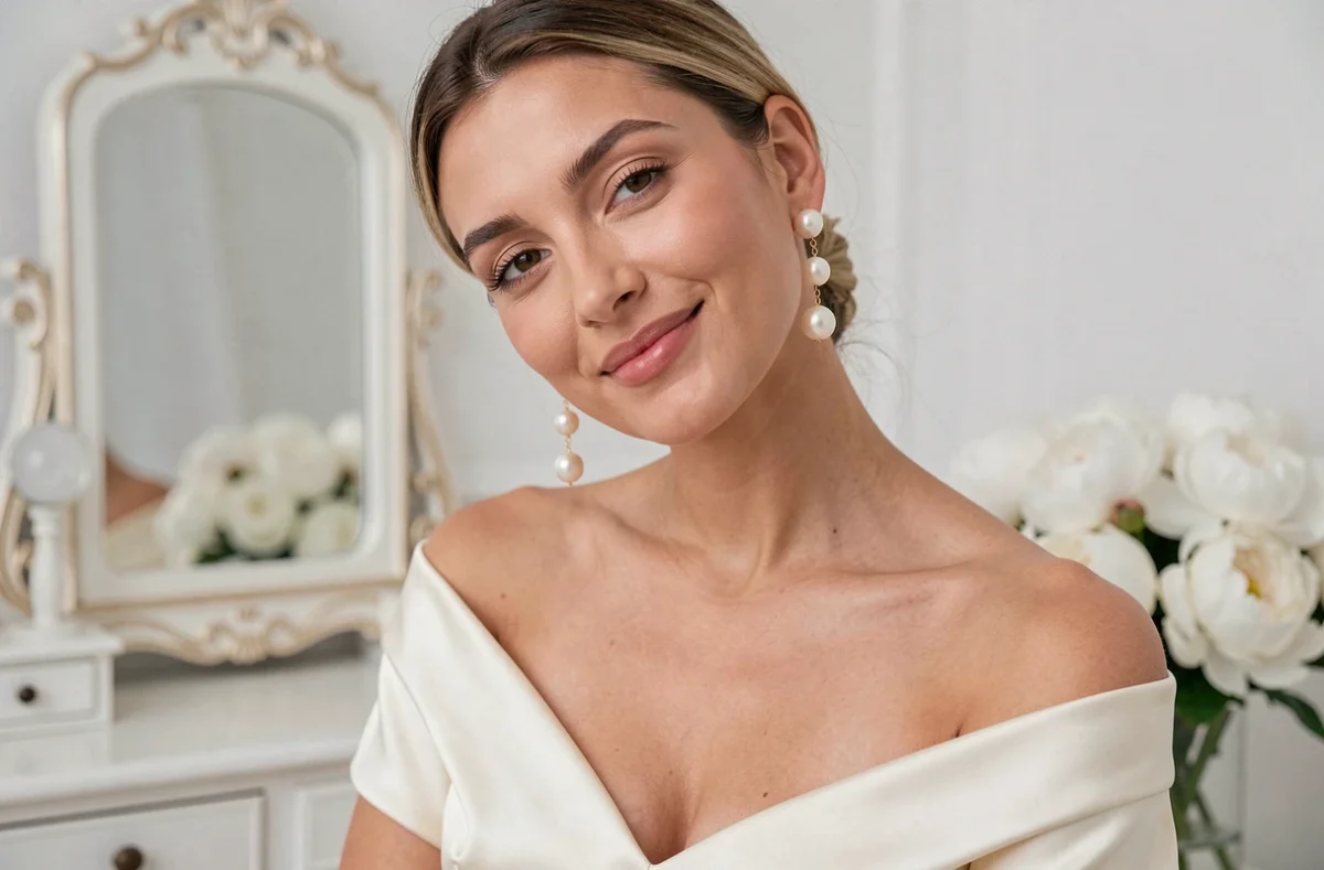 Femme portant de longues boucles d'oreilles dorées en perles pour affiner le visage lors d'un mariage chic