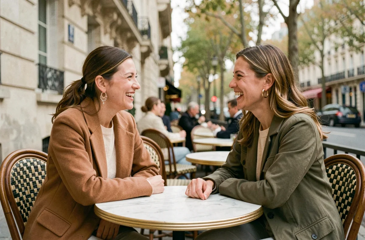Deux femmes en terrasse parisienne portant chacune un style différent de boucle d'oreille marie, bohème et chic