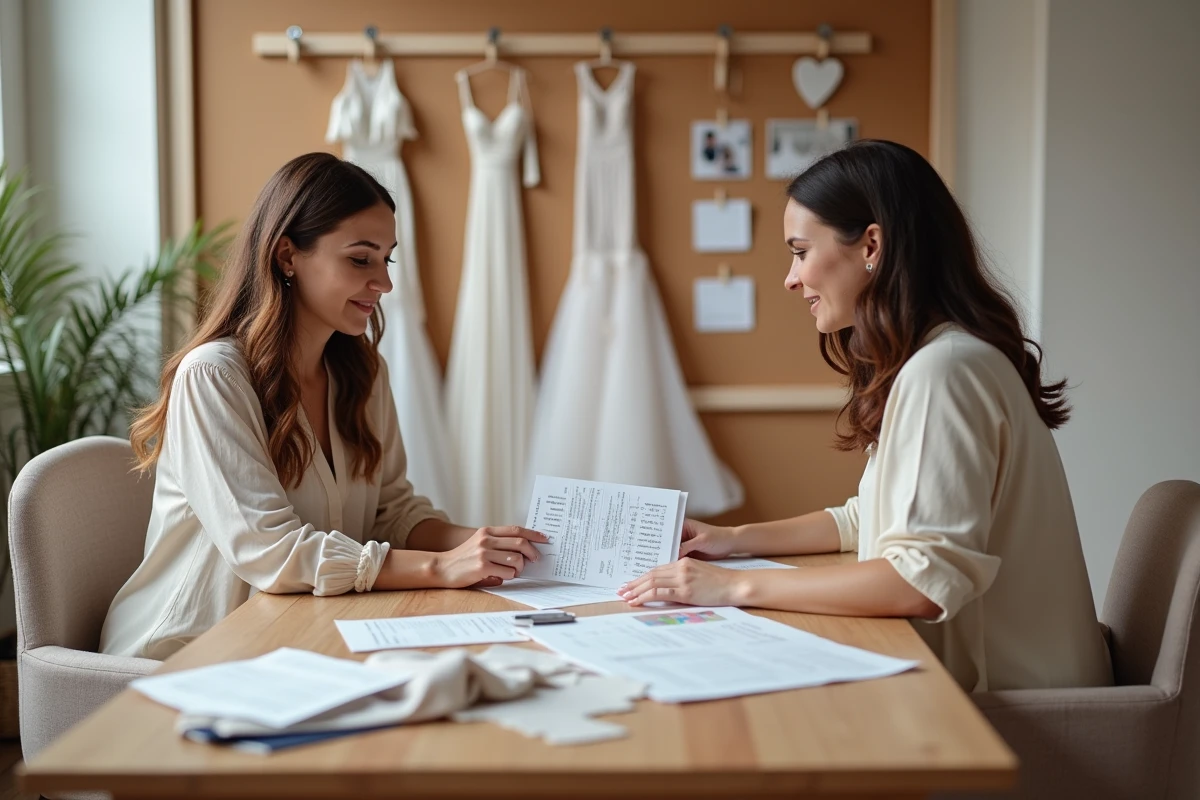 Consultante en mariage et future mariée discutant du budget pour une robe de mariée avec des échantillons de tissu et un devis sur un bureau