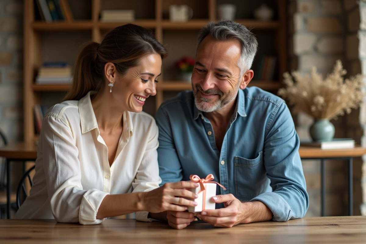 Couple fêtant 17 ans de mariage autour d'un cadeau emballé avec un ruban satiné, dans un intérieur chaleureux en pierre