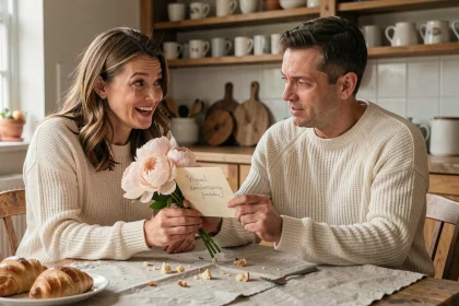 Femme émue recevant une carte anniversaire de mariage manuscrite et un bouquet de pivoines de son mari au petit-déjeuner