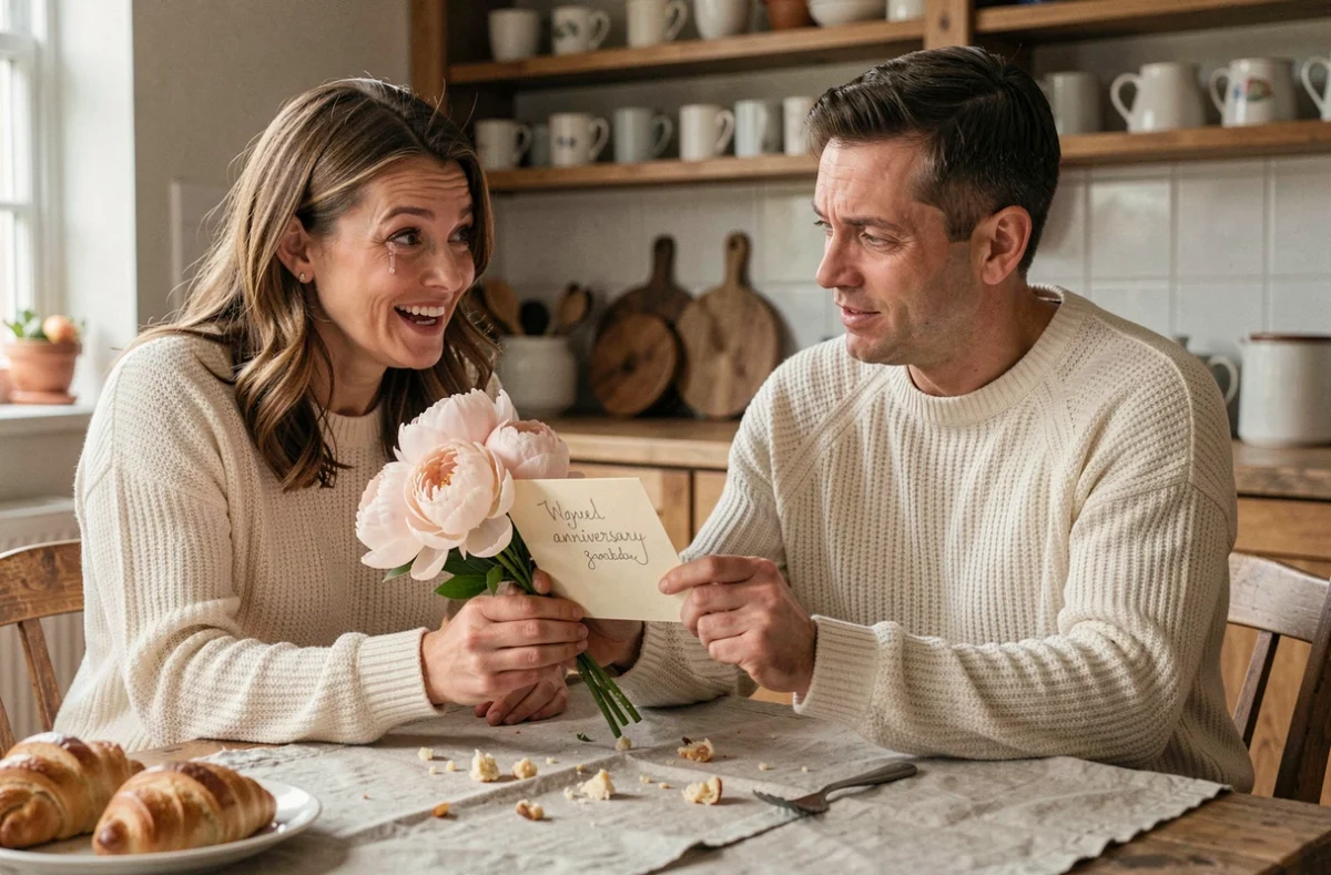Femme émue recevant une carte anniversaire de mariage manuscrite et un bouquet de pivoines de son mari au petit-déjeuner