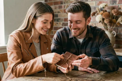 Couple célébrant deux ans de mariage avec un cadeau en cuir artisanal personnalisé posé sur une table en bois rustique