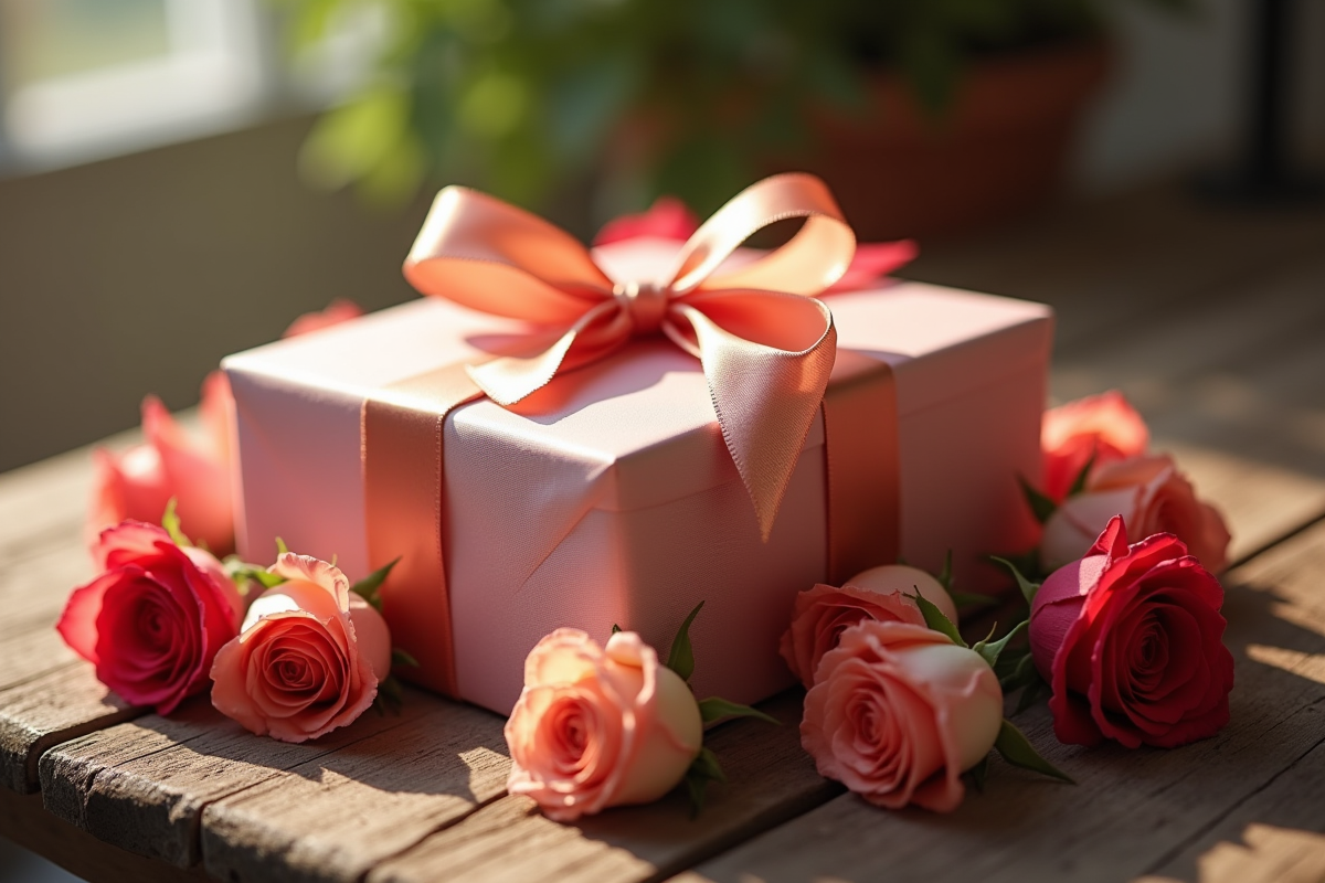 Coffret cadeau entouré de roses colorées pour une celebration chaleureuse