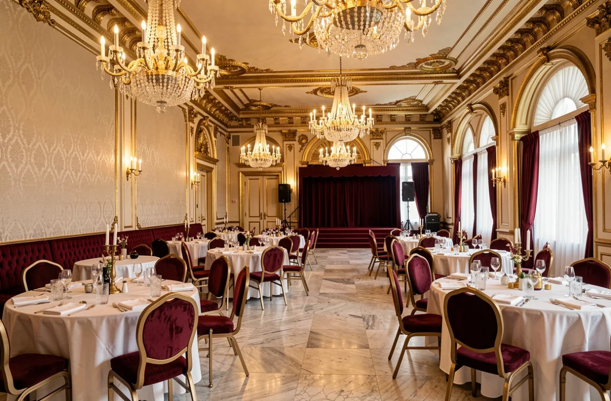 Salle de réception Belle Époque du Casino de Royat avec dorures et tables dressées pour un mariage