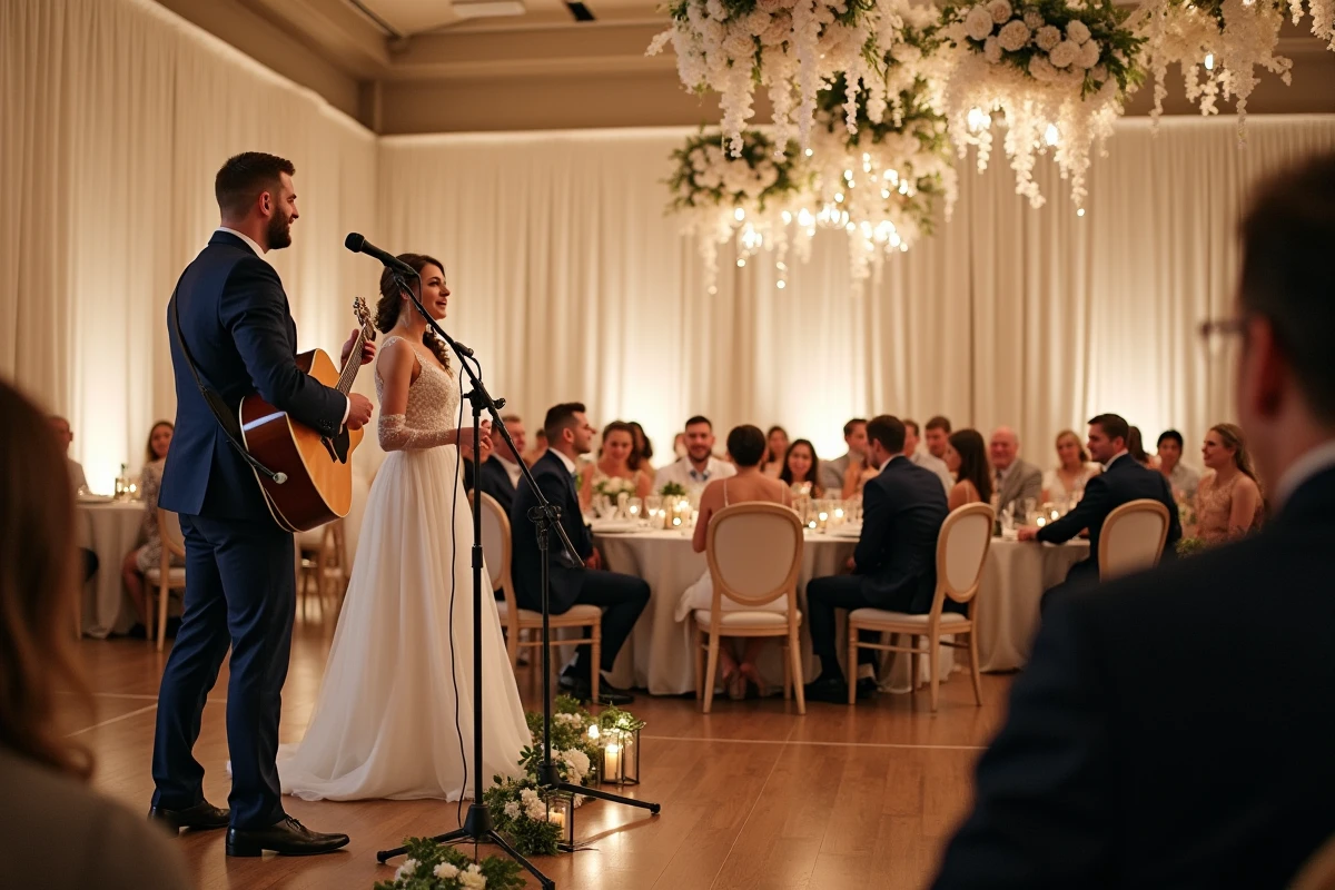Chanteur interprétant une chanson surprise émouvante lors d'une réception de mariage devant les mariés en larmes