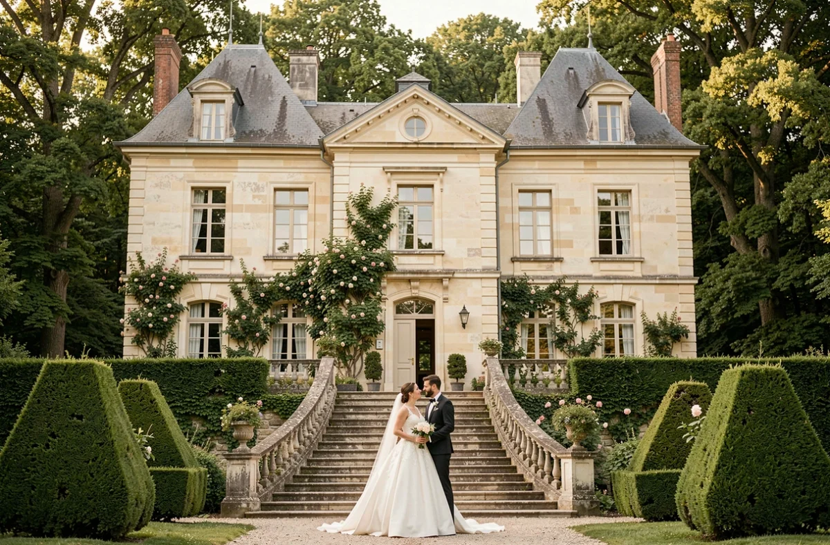 Château de la Canière avec un couple de mariés sur les marches de la façade en pierre entourée de verdure