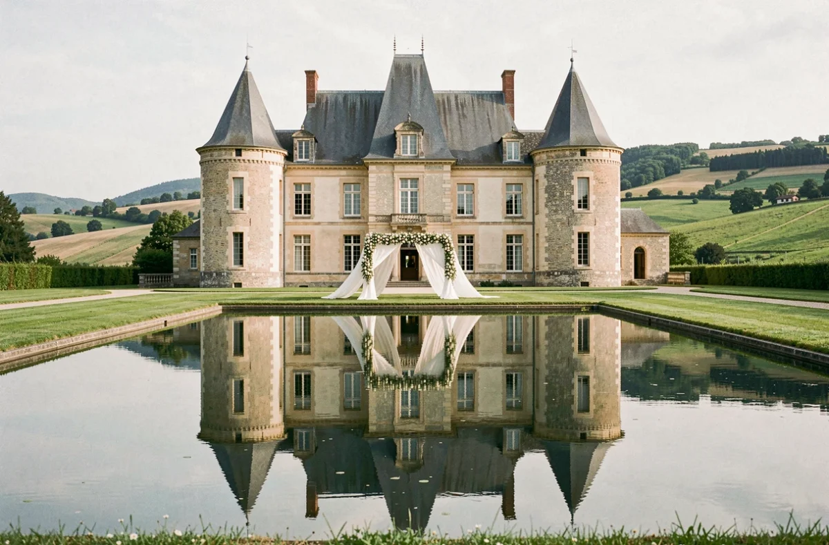Château de Poëzat avec son reflet dans l'étang et sa décoration florale pour un mariage champêtre
