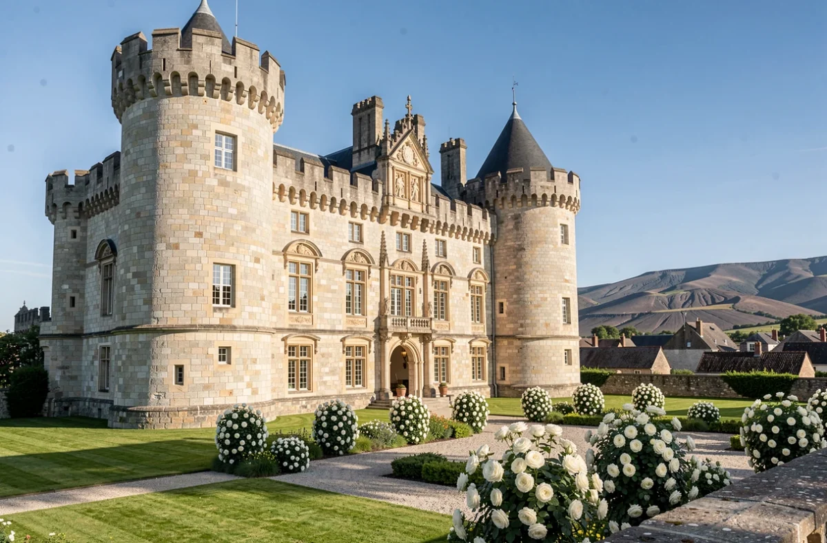 Château Royal de Saint-Saturnin avec ses tours médiévales et sa cour décorée pour un mariage