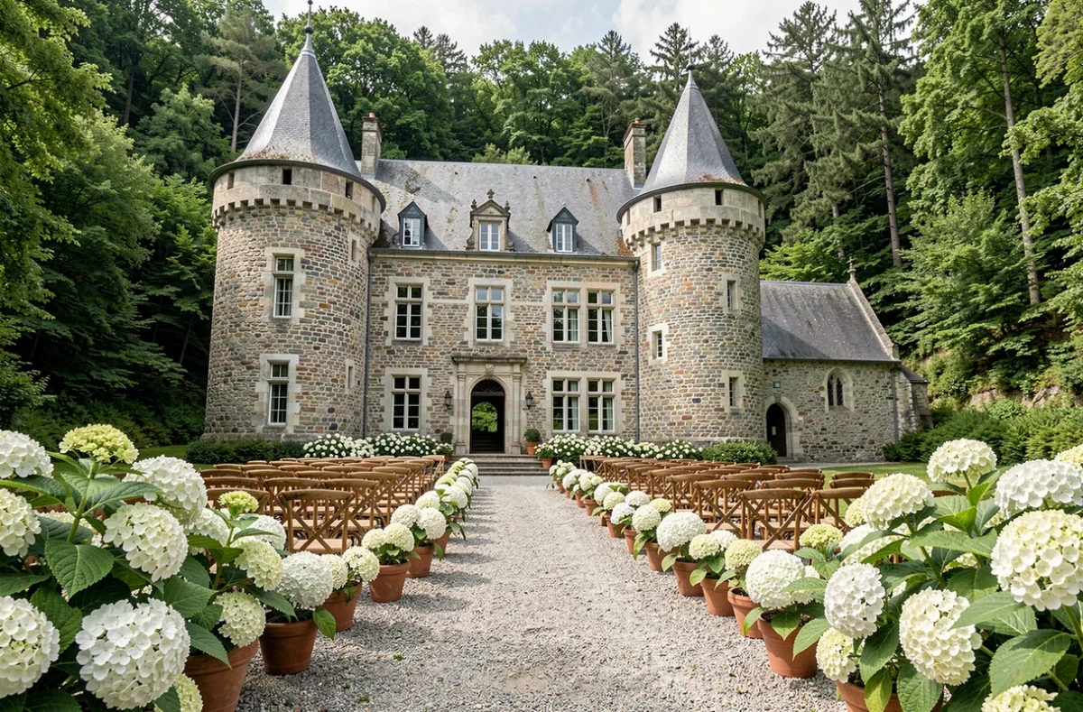 Château de Sauvagnat avec sa cour intérieure aménagée pour une cérémonie de mariage intime