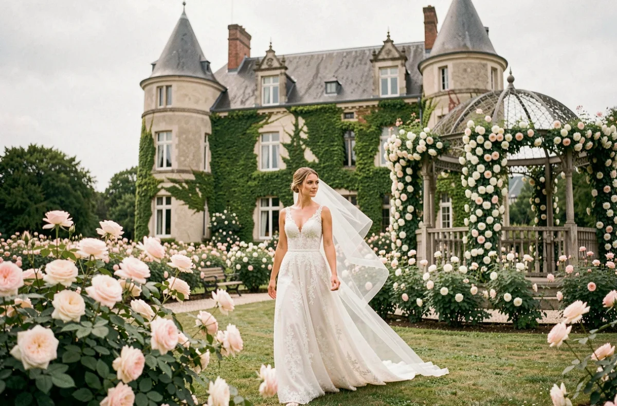 Château du Serpolet avec sa mariée dans le jardin de roses en fleurs lors d'une cérémonie de mariage romantique