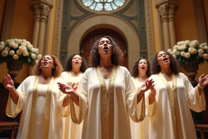 Chorale gospel en robes ivoire et or chantant à l'entrée d'une salle de mariage décorée d'arches en pierre et de compositions florales