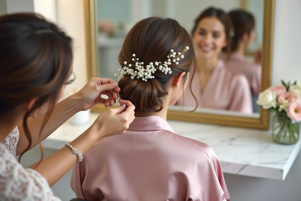 Coiffeuse professionnelle réalisant un chignon bas élégant orné de perles et de fleurs sur une demoiselle d'honneur en robe satinée rose poudré dans un salon de coiffure mariage 2026