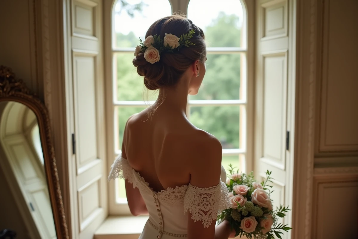 Demoiselle d'honneur vue de dos avec une coiffure tressée élaborée ornée de micro-roses fraîches et de mèches libres encadrant le visage, portant une robe champagne en dentelle dans un intérieur de manoir élégant