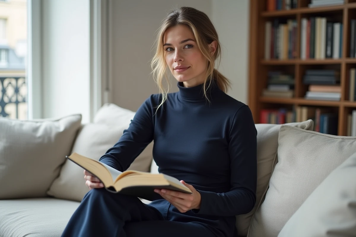 Comédienne en tenue navy dans un appartement parisien moderne, assise avec un livre