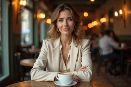 Comédienne élégante attablée dans un bistrot parisien, portrait 3/4 en veste crème