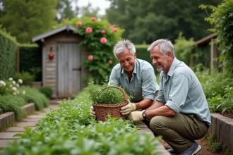 Couple partageant un moment complice dans leur jardin potager, entre plants de tomates et herbes aromatiques fraîchement récoltées
