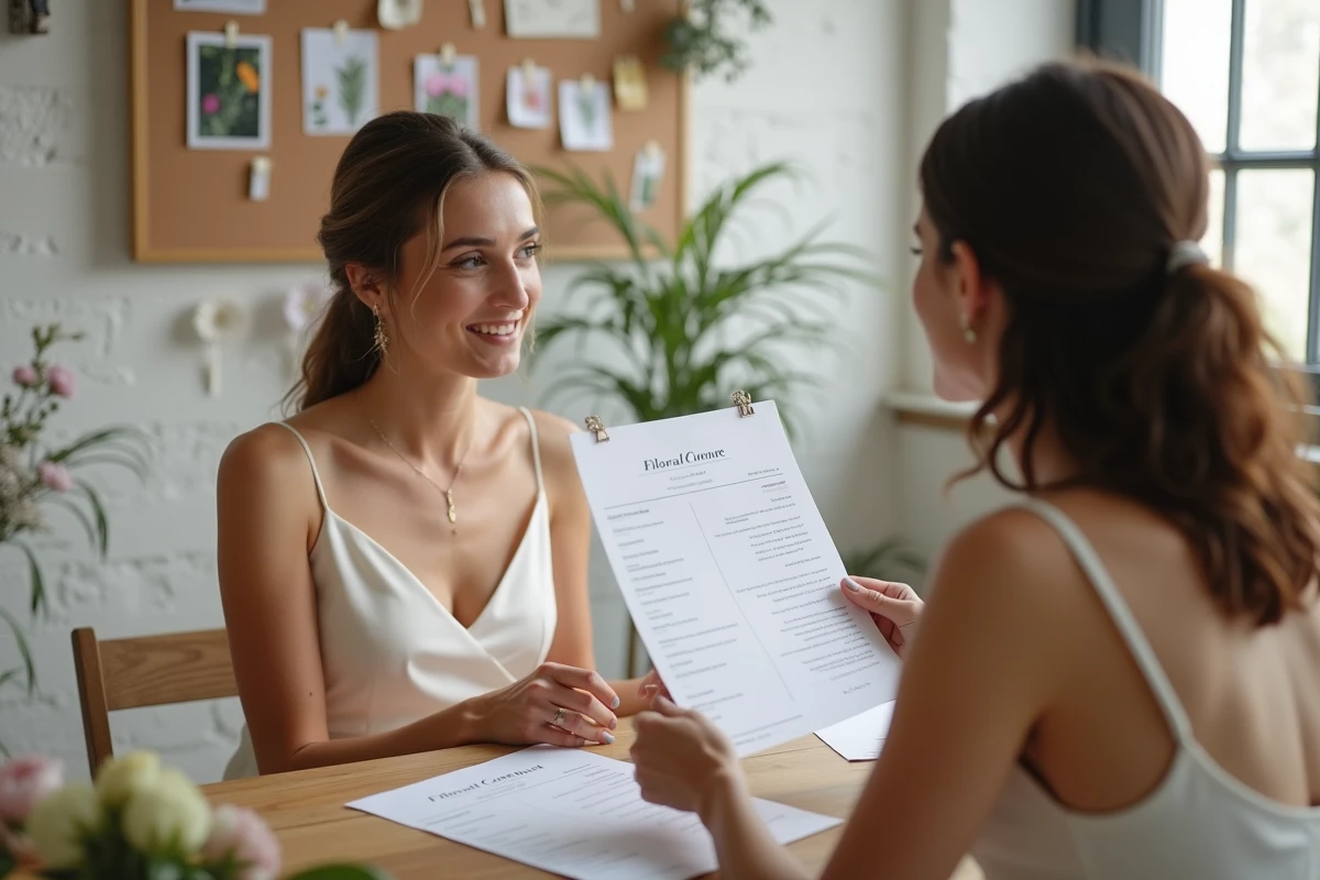 Mariée et fleuriste en consultation pour un forfait décoration florale mariage avec devis et échantillons de fleurs