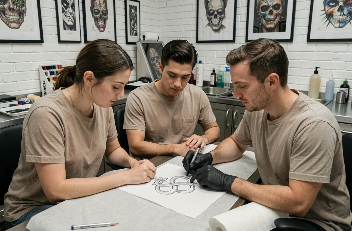 Couple en consultation chez un tatoueur pour choisir un tatouage alliance infini, studio de tatouage moderne et professionnel