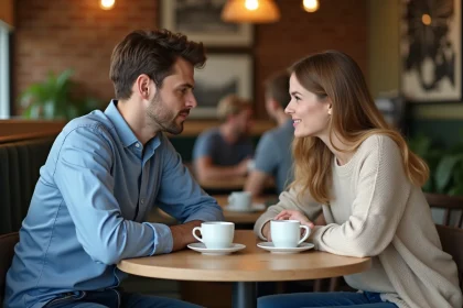 Homme et femme discutent dans un café chaleureux