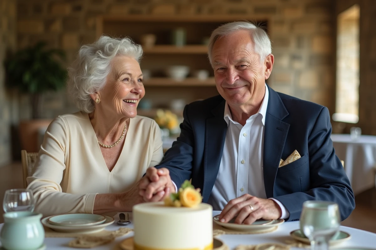 Couple âgé célébrant 55 ans de mariage aux noces d'orchidée autour d'une table décorée de fleurs dorées