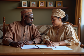 Couple africain en tenue traditionnelle examinant des documents