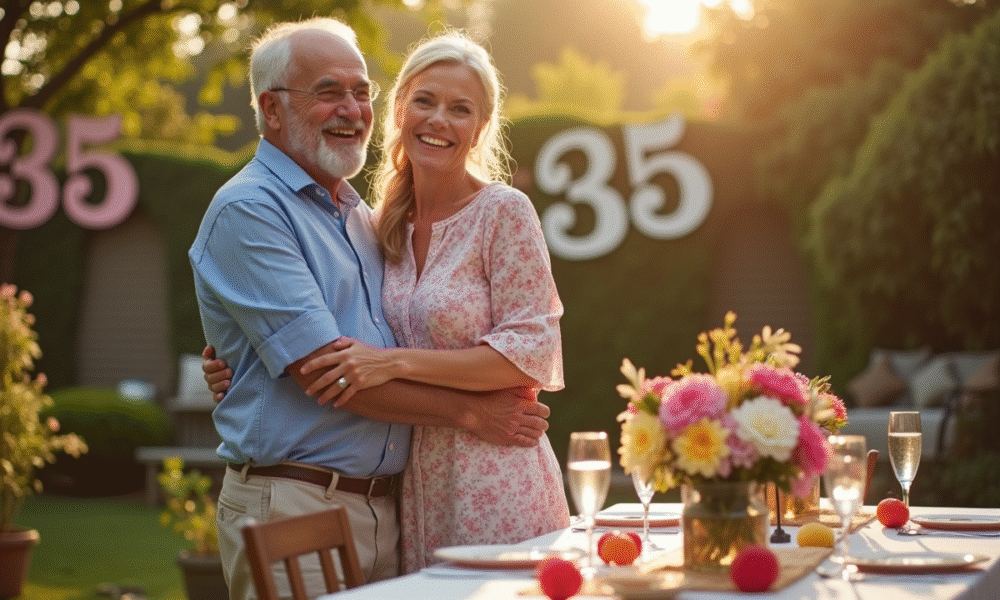 Couple de cinquantenaires dans un jardin en fête pour leur anniversaire