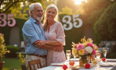 Couple de cinquantenaires dans un jardin en fête pour leur anniversaire