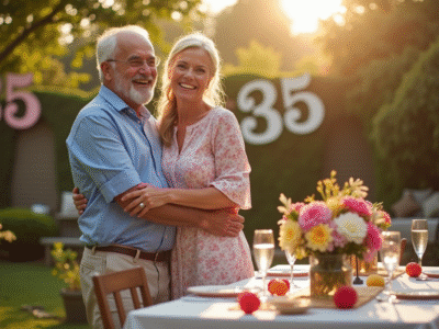 Couple de cinquantenaires dans un jardin en fête pour leur anniversaire