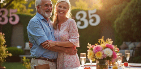 Couple de cinquantenaires dans un jardin en fête pour leur anniversaire