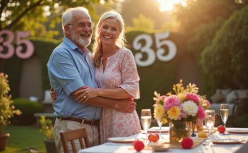 Couple de cinquantenaires dans un jardin en fête pour leur anniversaire