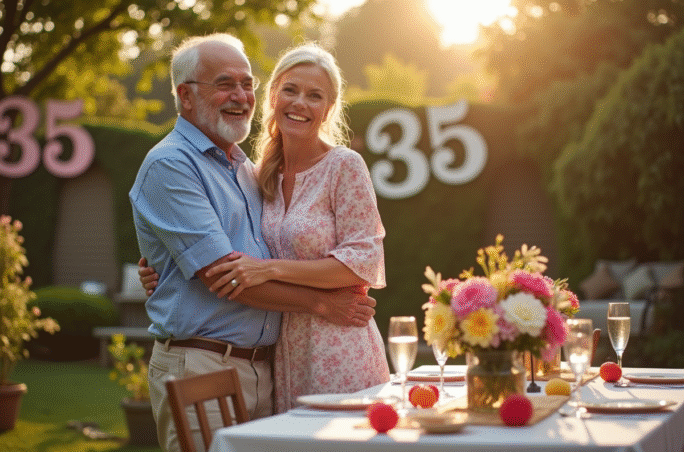 Couple de cinquantenaires dans un jardin en fête pour leur anniversaire